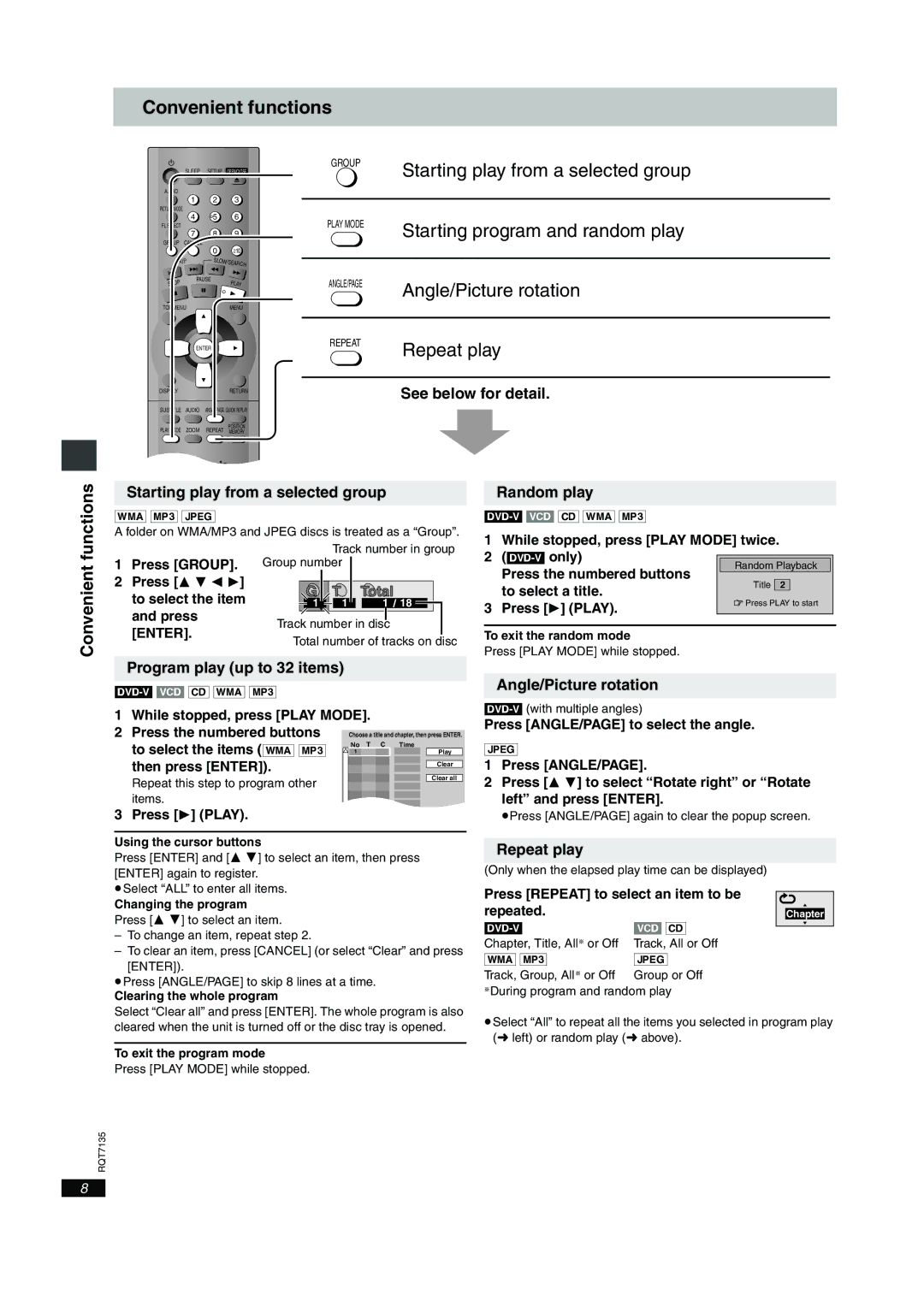 Panasonic DVD-S23 Convenient functions, Starting play from a selected group, Starting program and random play, Repeat play 