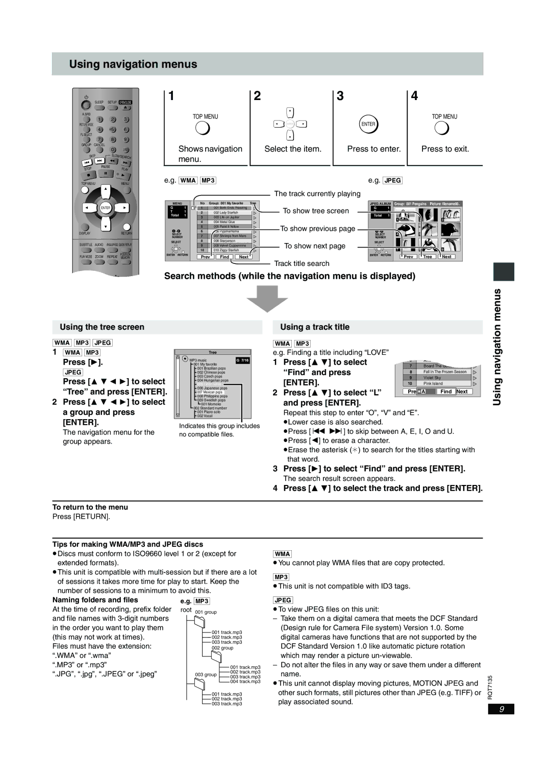 Panasonic DVD-S25, DVD-S23 Using navigation menus, Search methods while the navigation menu is displayed 