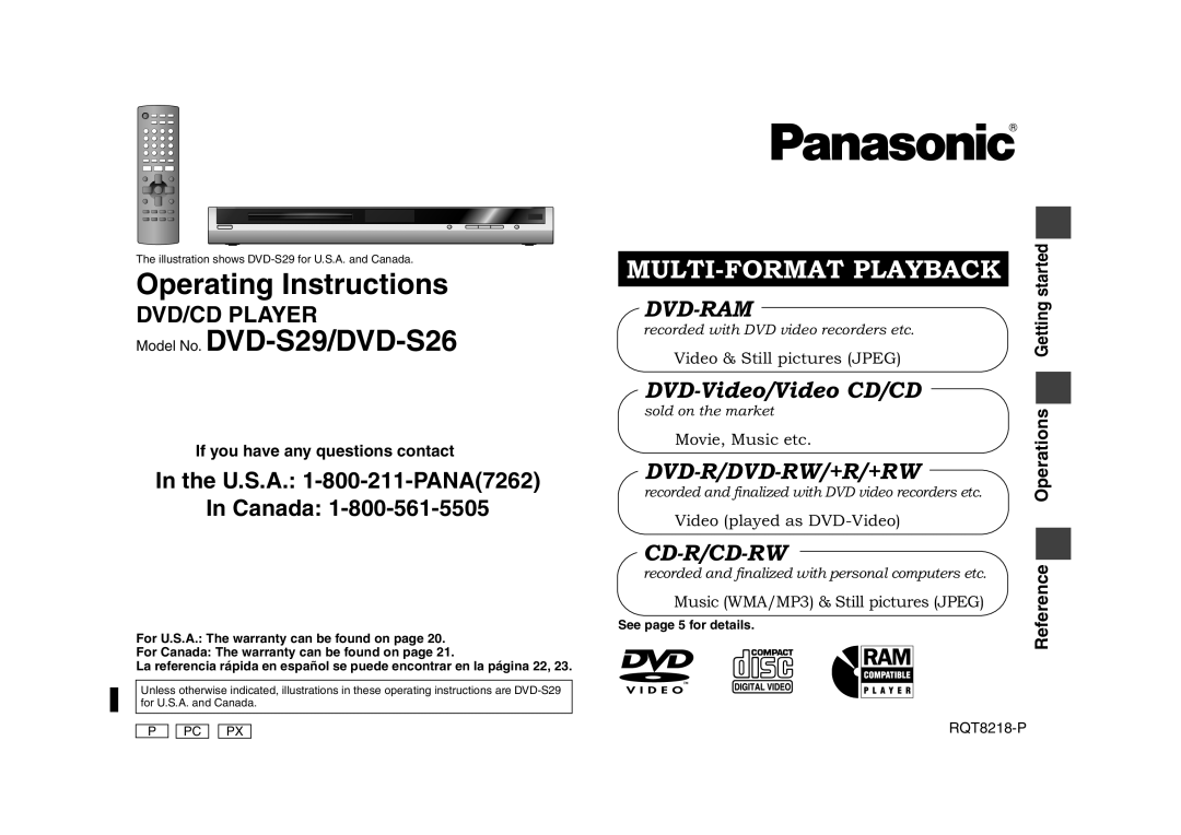 Panasonic RQT8218-P, DVD-S26 warranty Started, See page 5 for details 