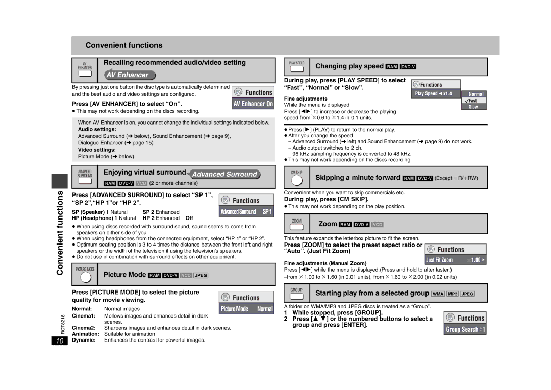 Panasonic DVD-S26 warranty Convenient functions, Recalling recommended audio/video setting, Changing play speed RAM DVD-V 