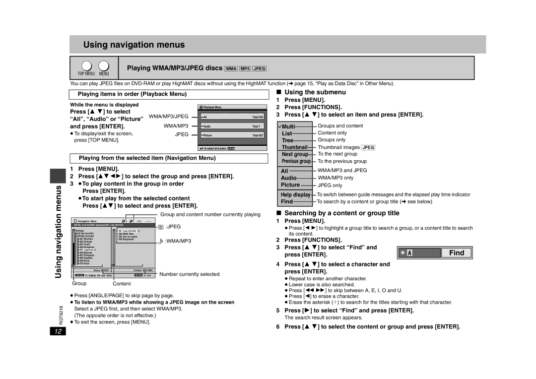 Panasonic DVD-S26, RQT8218-P warranty Using navigation menus, Menus 