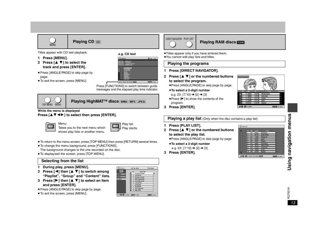 Panasonic RQT8218-P, DVD-S26 warranty Navigation 