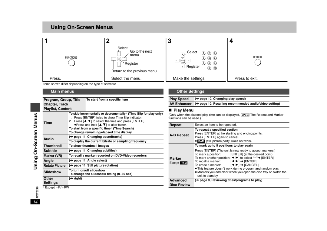 Panasonic DVD-S26, RQT8218-P warranty Using On-Screen Menus, Main menus, Other Settings, Play Menu 