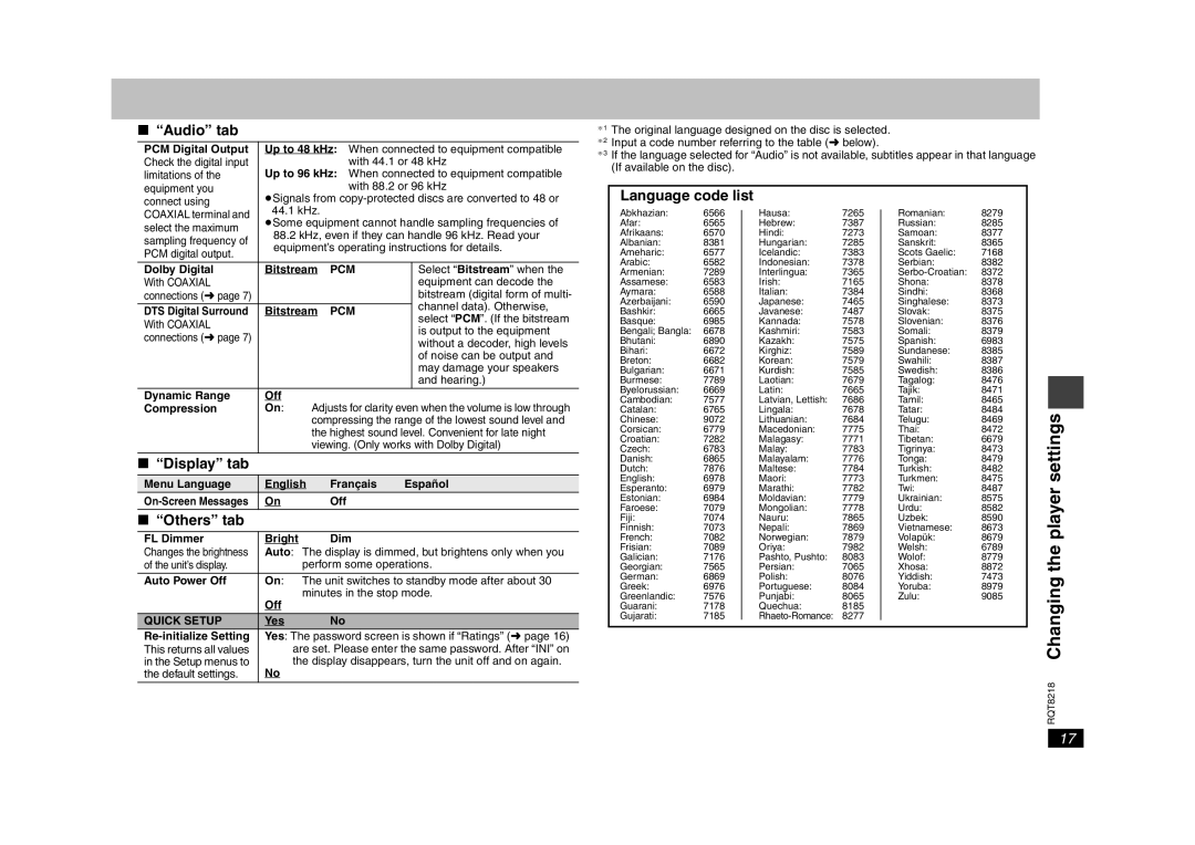 Panasonic RQT8218-P, DVD-S26 RQT8218 Changing the player settings, Audio tab, Language code list, Display tab, Others tab 