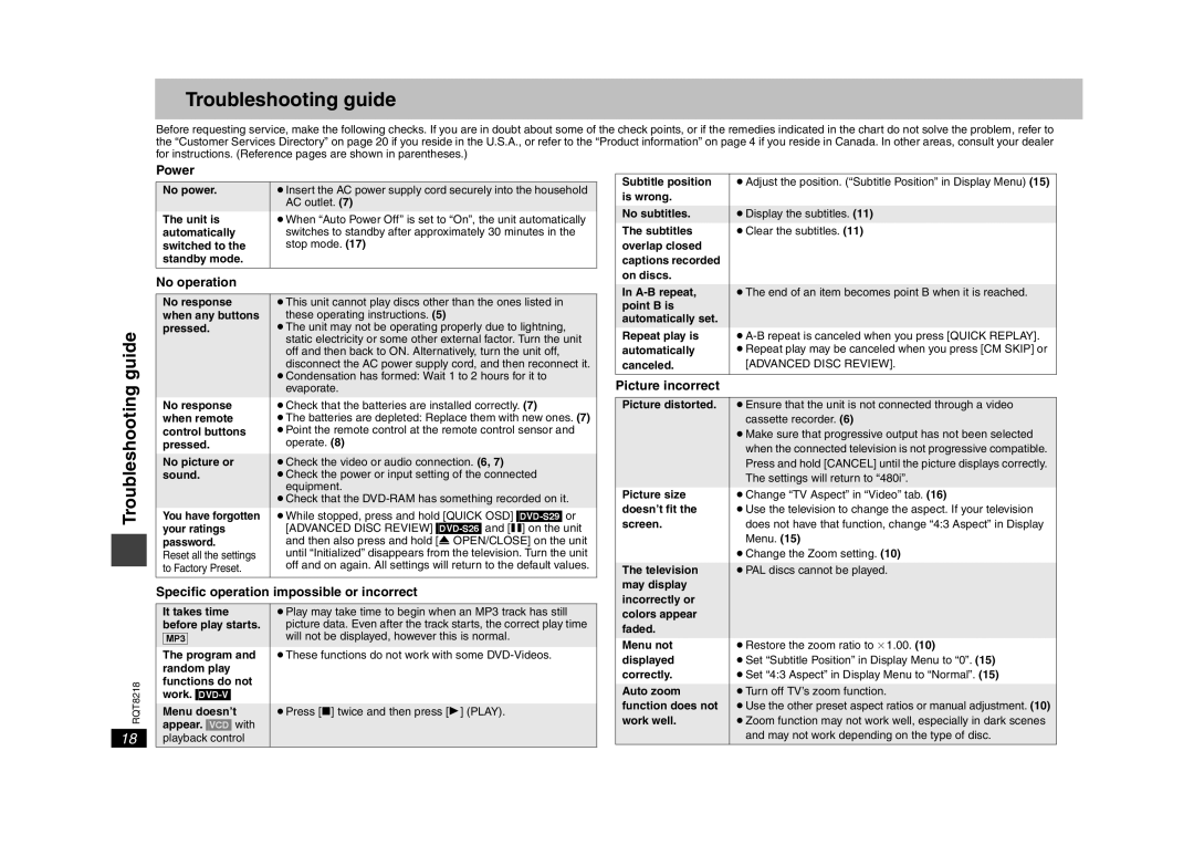 Panasonic DVD-S26, RQT8218-P warranty Troubleshooting guide 