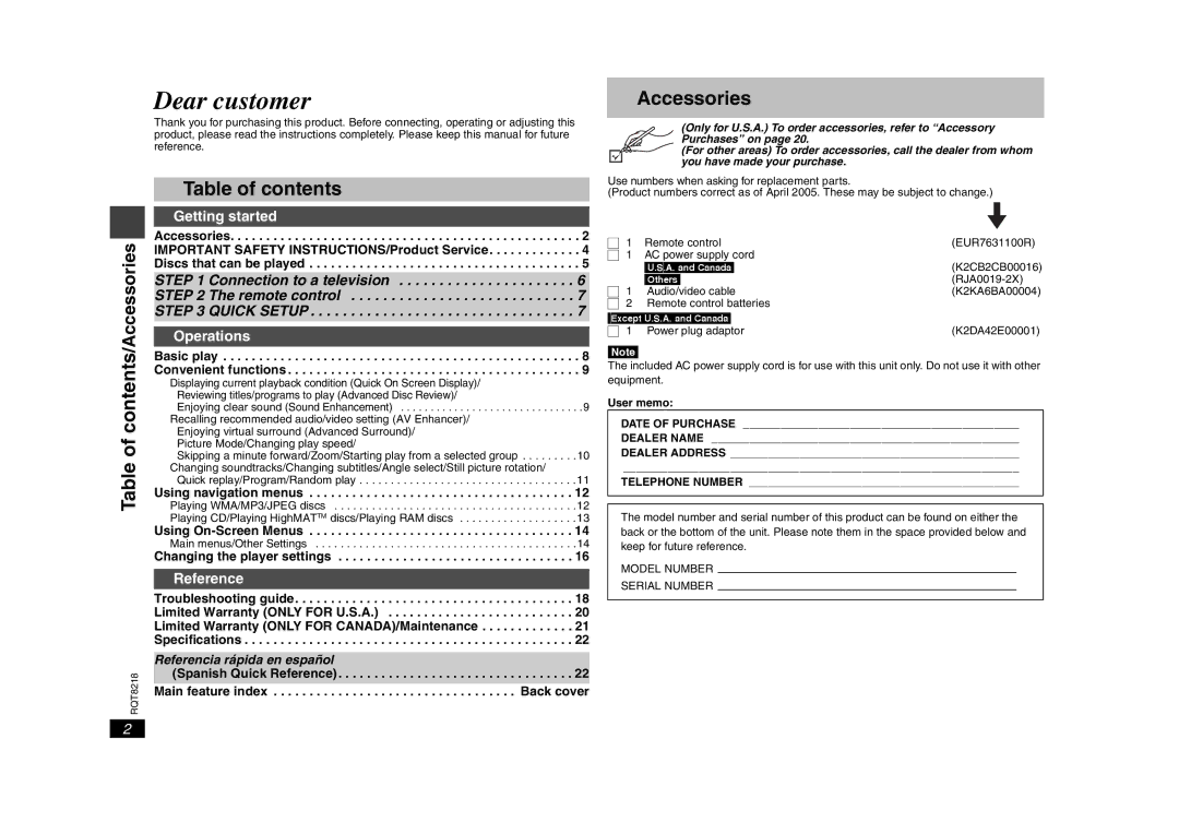 Panasonic DVD-S26, RQT8218-P warranty Table of contents/Accessories 