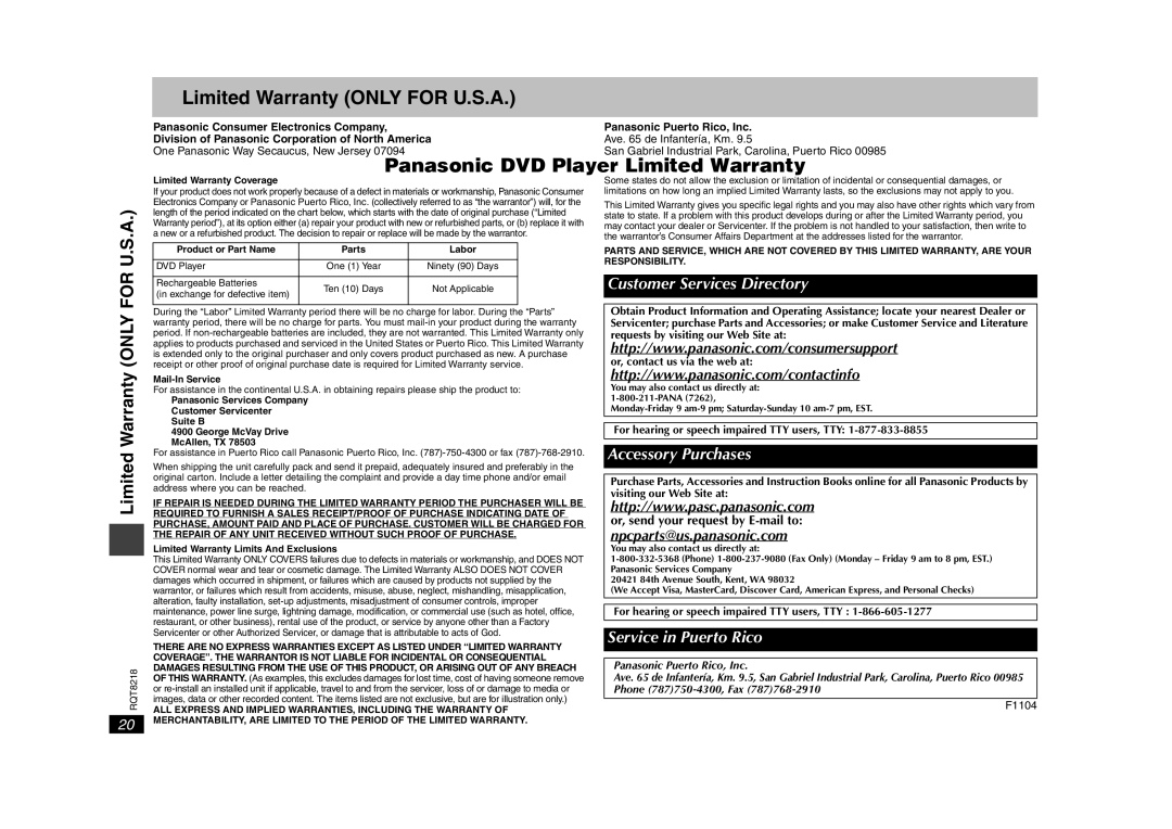 Panasonic DVD-S26, RQT8218-P warranty Limited Warranty only for U.S.A 