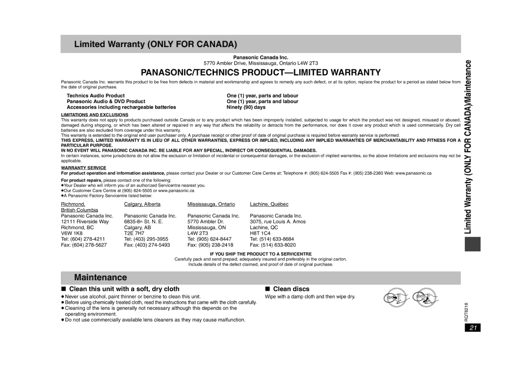 Panasonic RQT8218-P Limited Warranty only for Canada, Maintenance, Clean this unit with a soft, dry cloth, Clean discs 