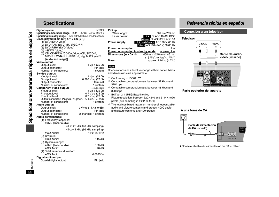 Panasonic DVD-S26, RQT8218-P warranty Specifications/Referencia rápida en español, Conexión a un televisor, Televisor 