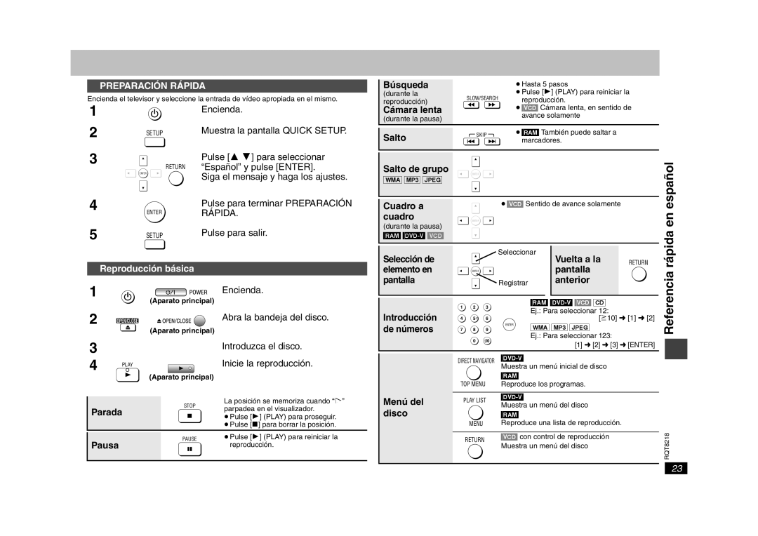 Panasonic RQT8218-P, DVD-S26 warranty Español, Rápida, Referencia, Reproducción básica 