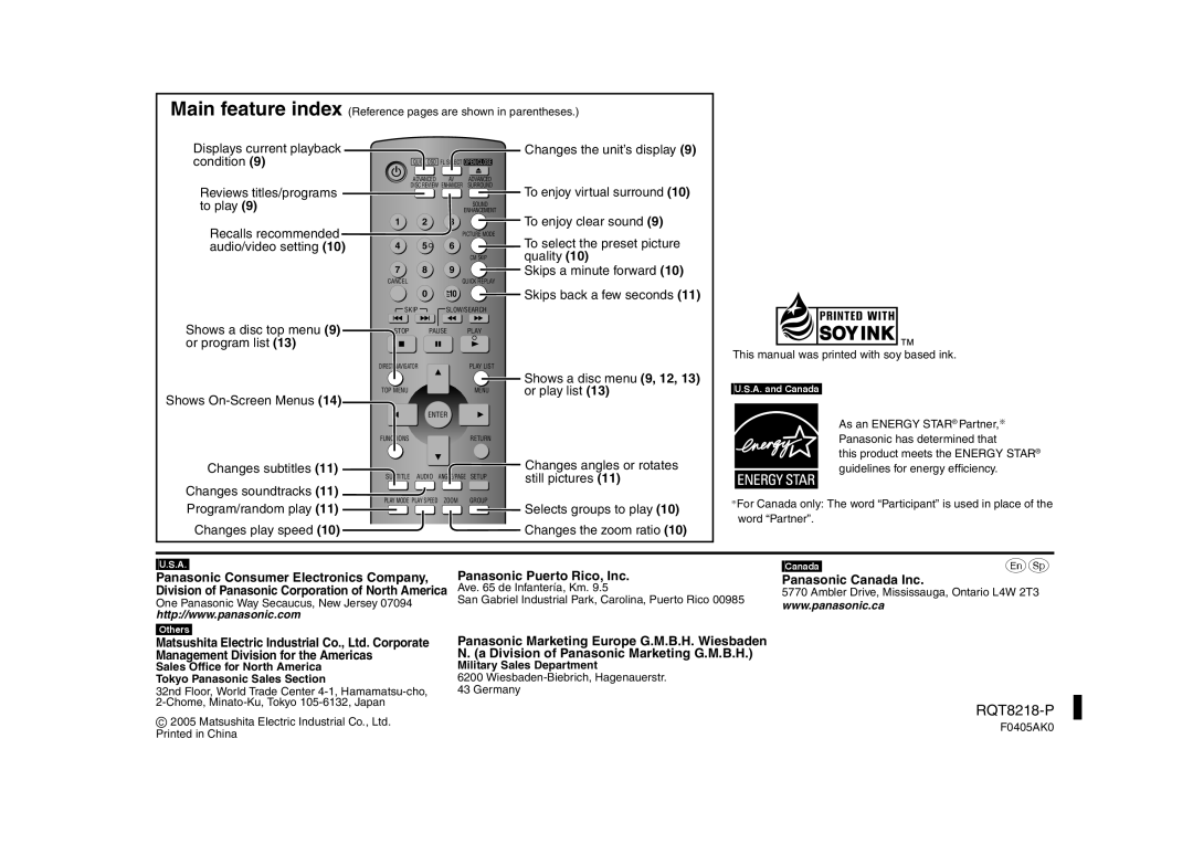 Panasonic DVD-S26, RQT8218-P Panasonic Puerto Rico, Inc Panasonic Canada Inc, Division of Panasonic Marketing G.M.B.H 