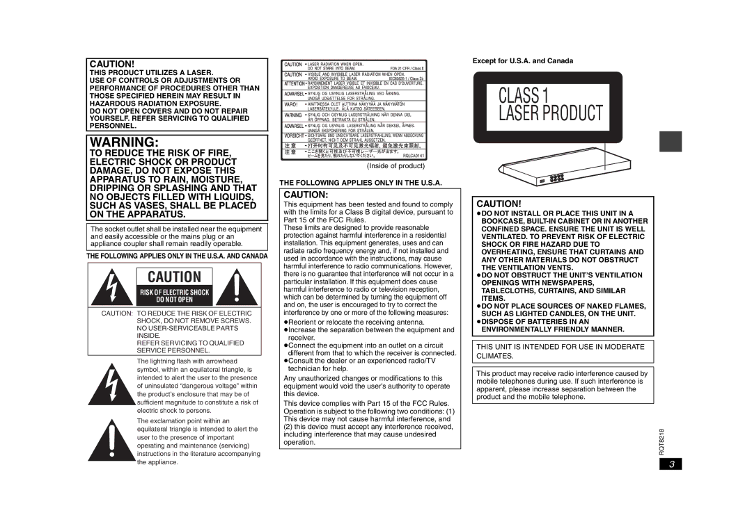 Panasonic RQT8218-P, DVD-S26 warranty Following Applies only in the U.S.A, Except for U.S.A. and Canada 