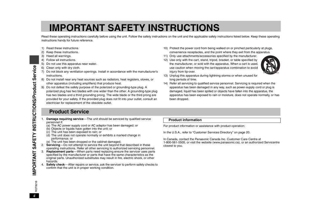 Panasonic DVD-S26, RQT8218-P warranty INSTRUCTIONS/Product Service, Product information 