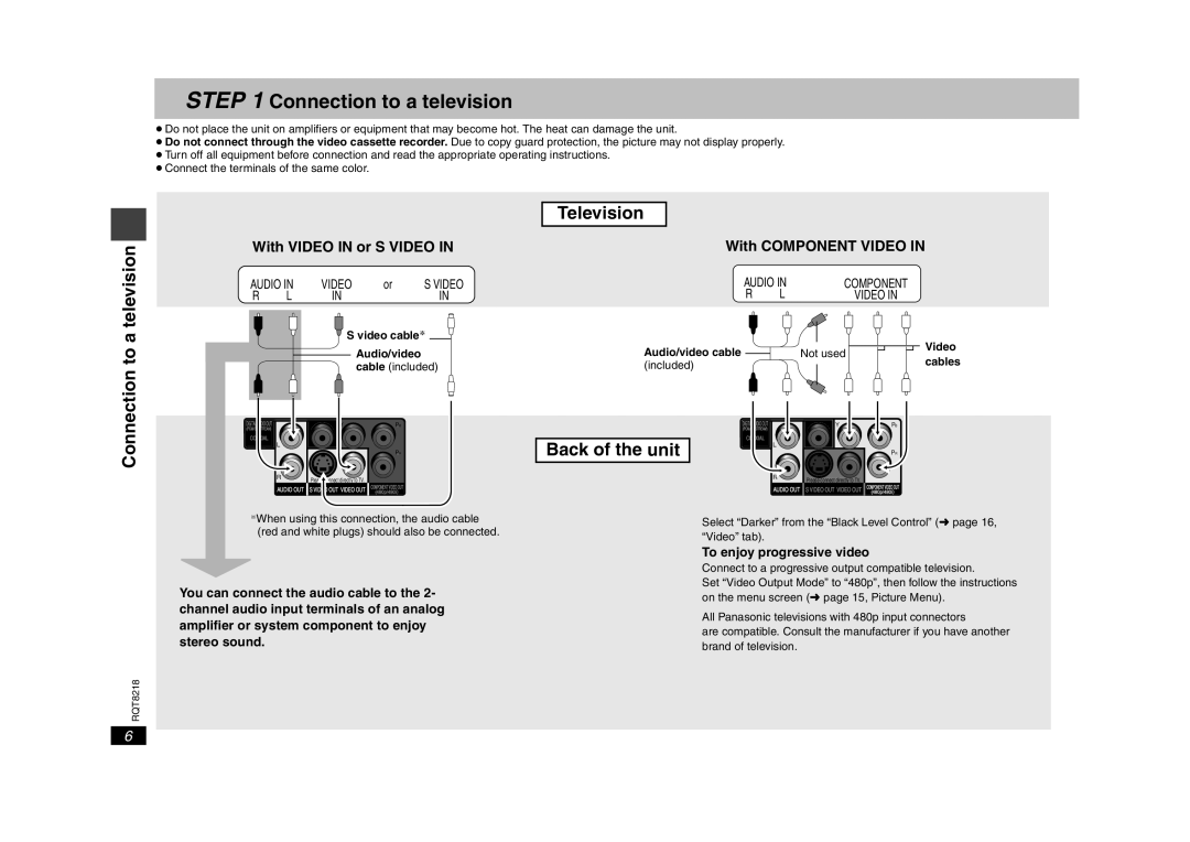 Panasonic DVD-S26, RQT8218-P warranty Connection to a television, Television, Back of the unit 