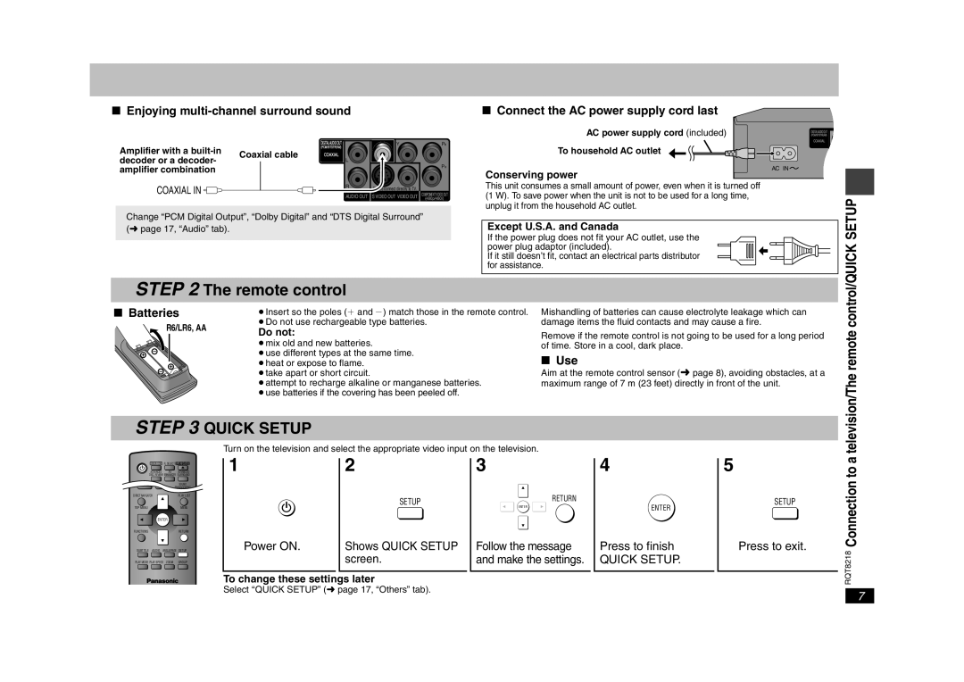 Panasonic RQT8218-P, DVD-S26 warranty Remote control, Batteries, Use 