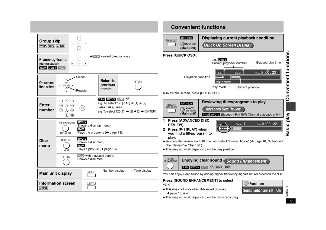 Panasonic RQT8218-P, DVD-S26 warranty Convenient functions, Play 