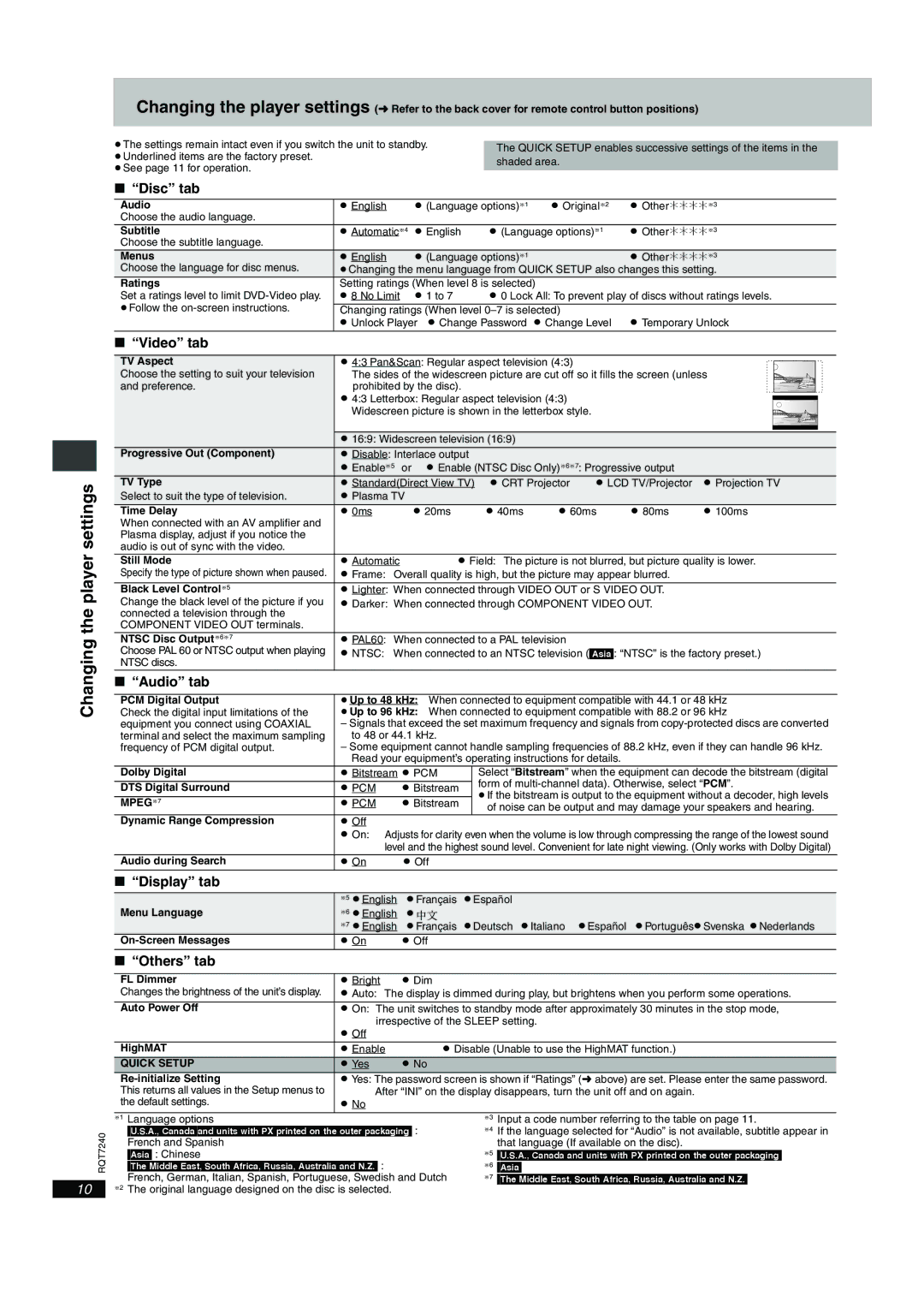 Panasonic DVD-S27 operating instructions Changing the player settings 