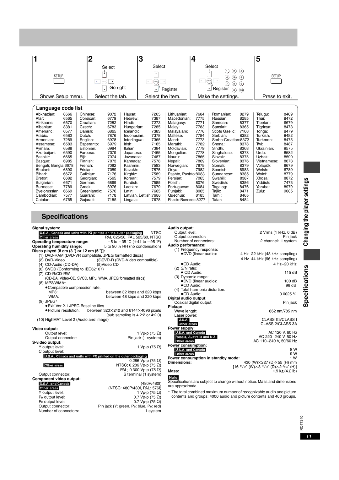 Panasonic DVD-S27 operating instructions Specifications Changing, Language code list, Player settings 