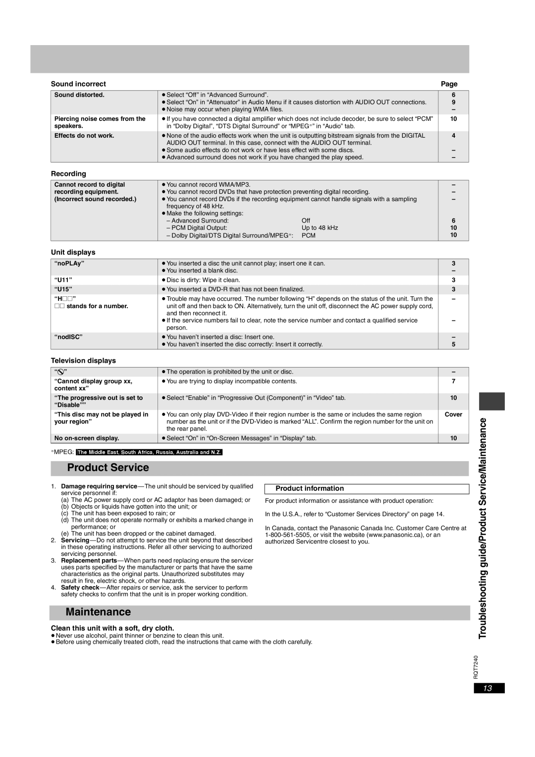 Panasonic DVD-S27 operating instructions Product Service, Maintenance 