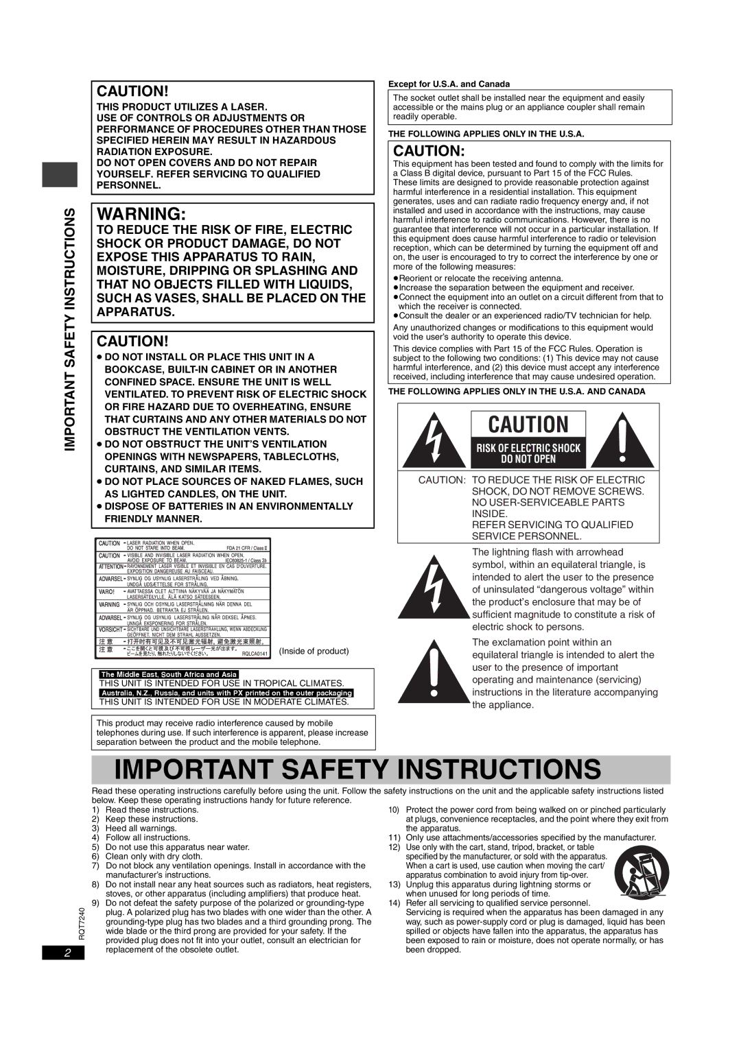 Panasonic DVD-S27 operating instructions Important Safety Instructions, Except for U.S.A. and Canada 