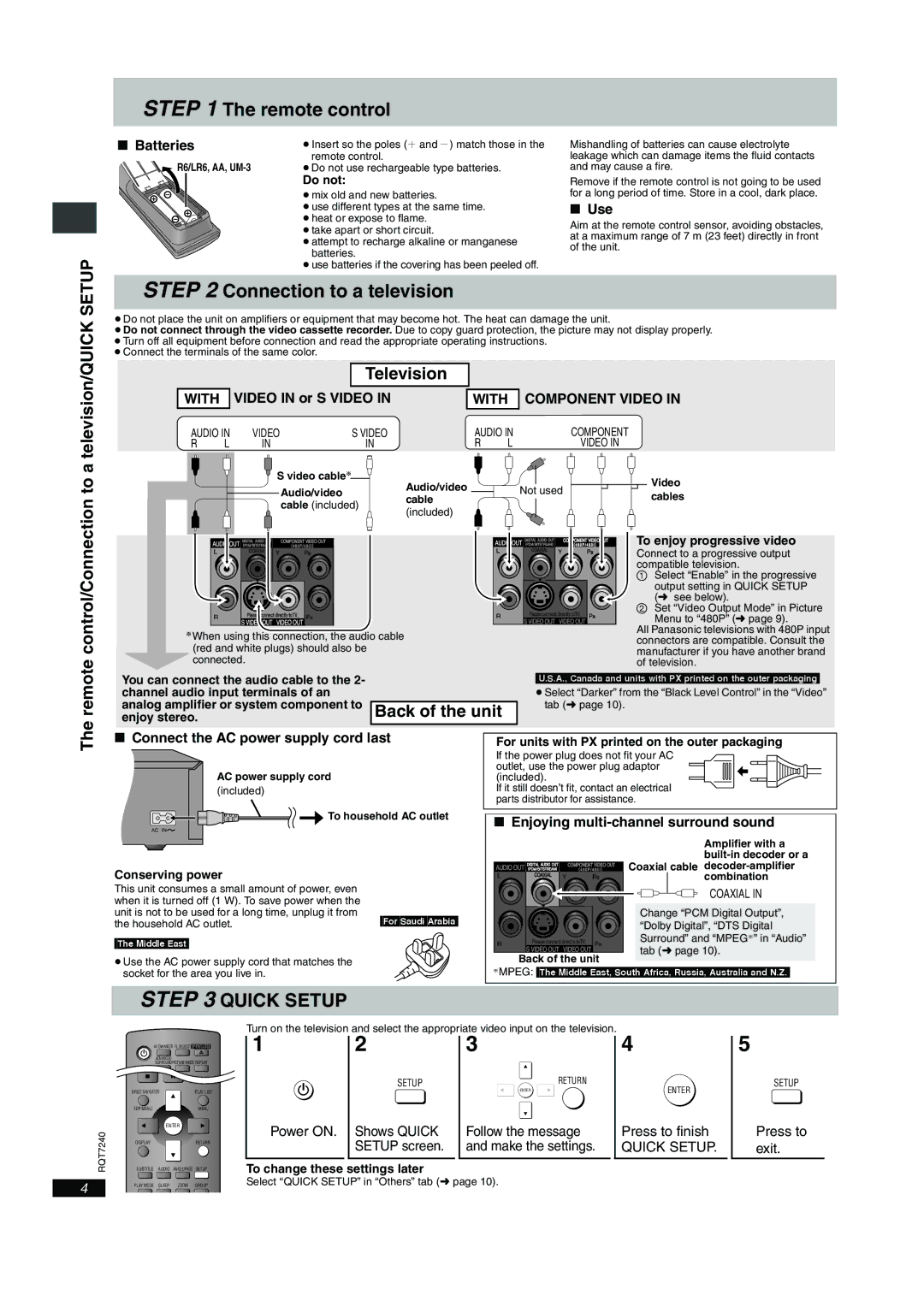 Panasonic DVD-S27 operating instructions Remote control, Connection to a television, Television 