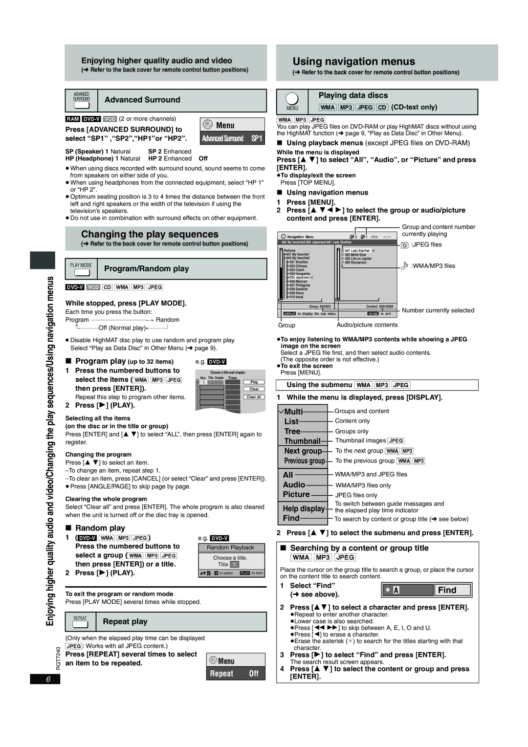 Panasonic DVD-S27 operating instructions Using navigation menus, Changing the play sequences, Repeat Off 