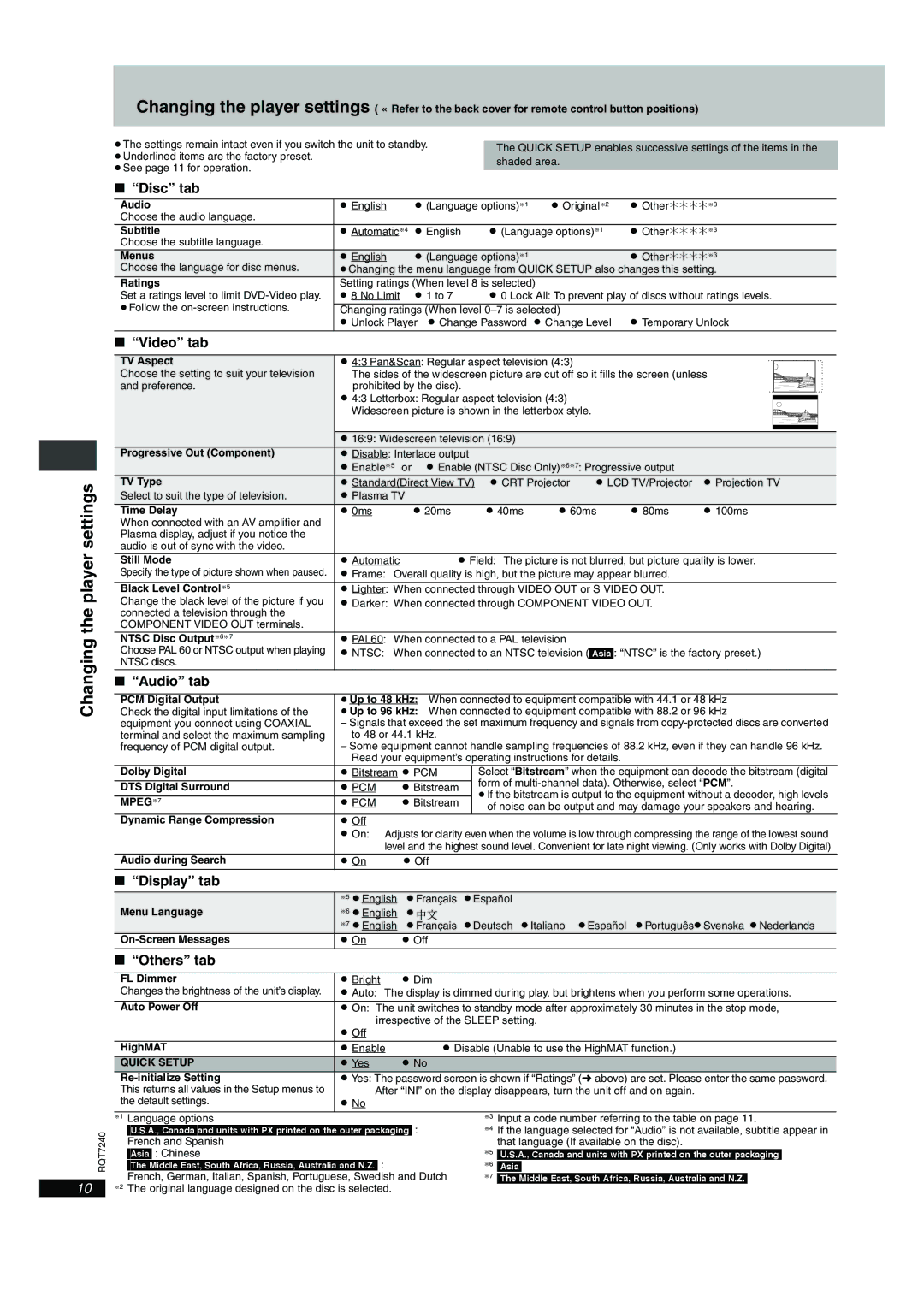 Panasonic DVD-S27U, DVD-S24 operating instructions Changing the player settings 