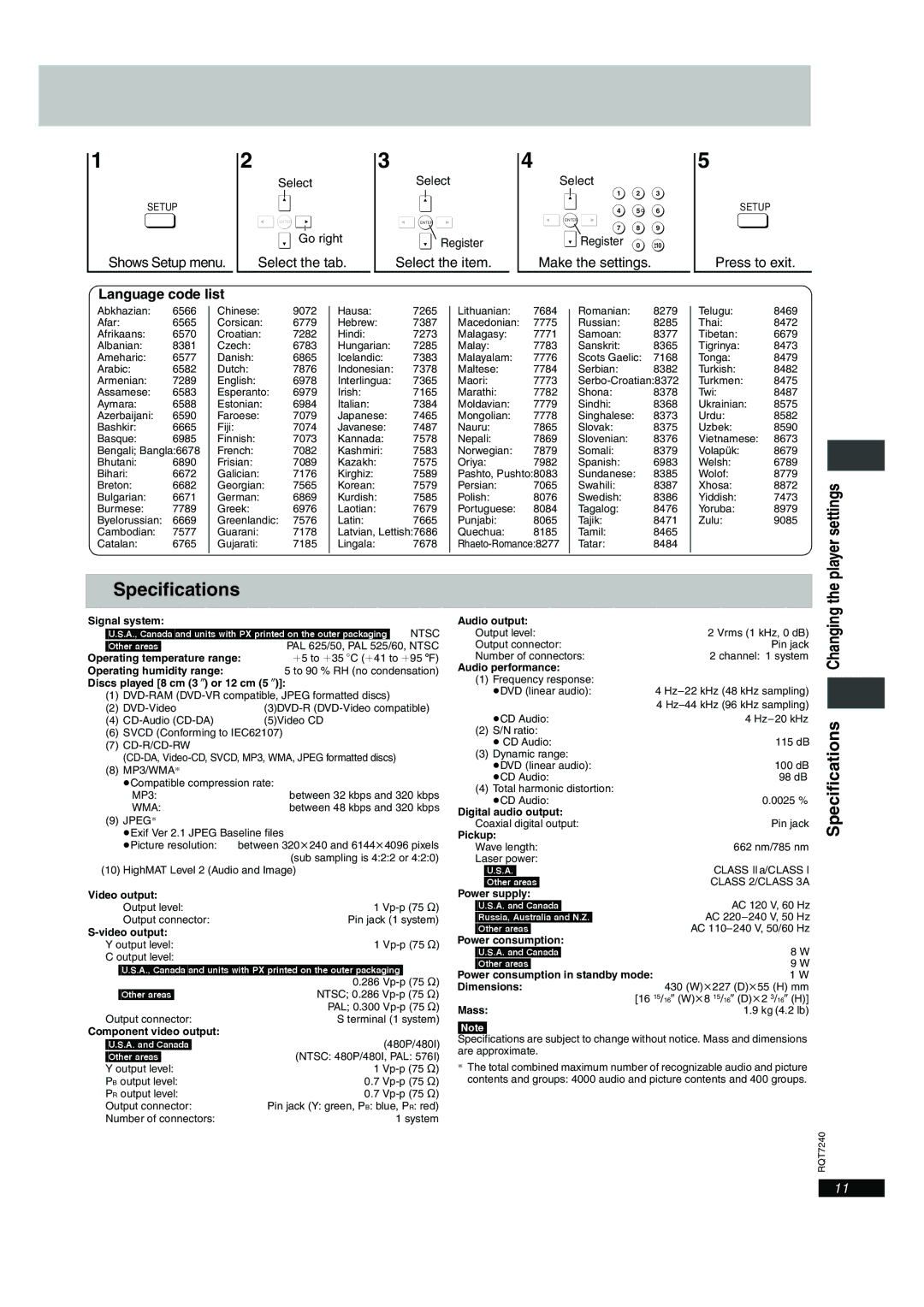 Panasonic DVD-S24, DVD-S27U operating instructions Specifications Changing, Language code list, Player settings 