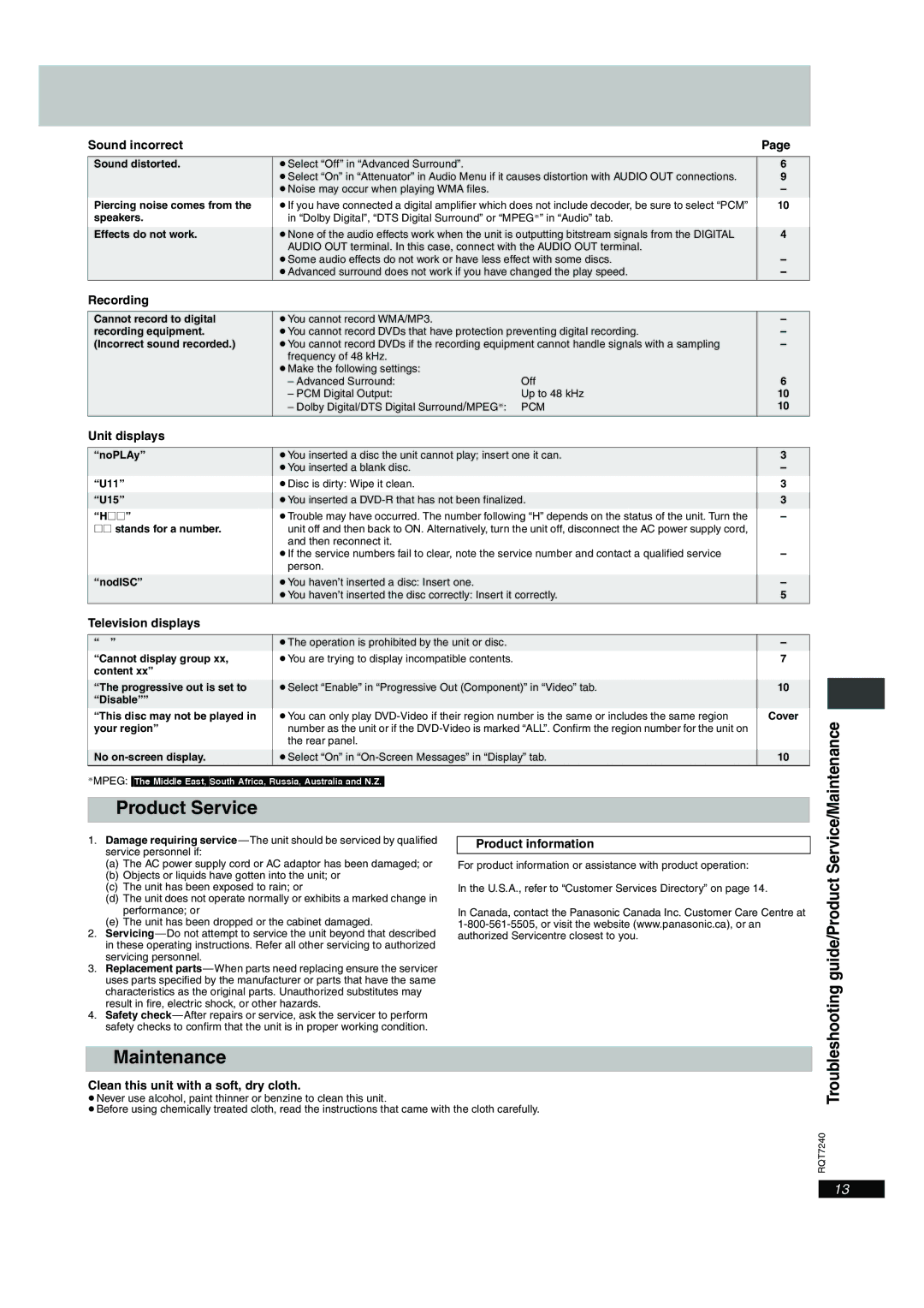 Panasonic DVD-S24, DVD-S27U operating instructions Product Service, Maintenance 