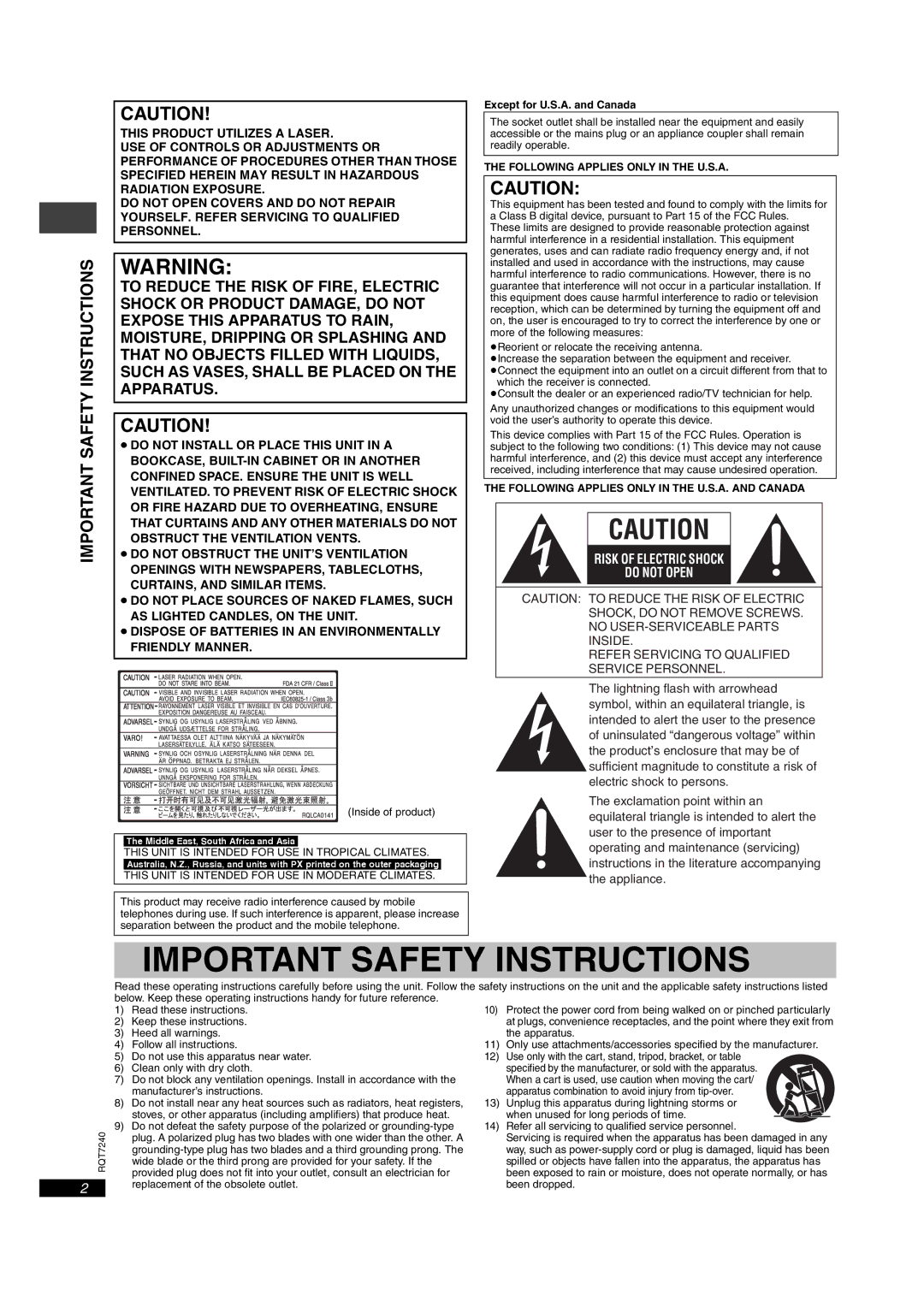 Panasonic DVD-S27U, DVD-S24 operating instructions Important Safety Instructions, Except for U.S.A. and Canada 