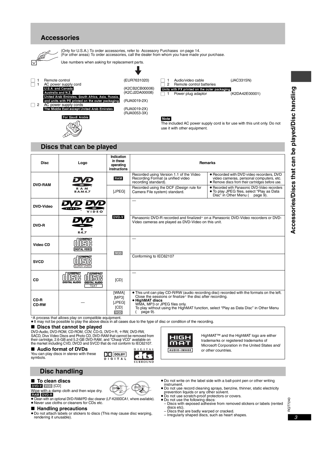 Panasonic DVD-S24, DVD-S27U operating instructions Accessories, Discs that can be played, Disc handling, Handling 