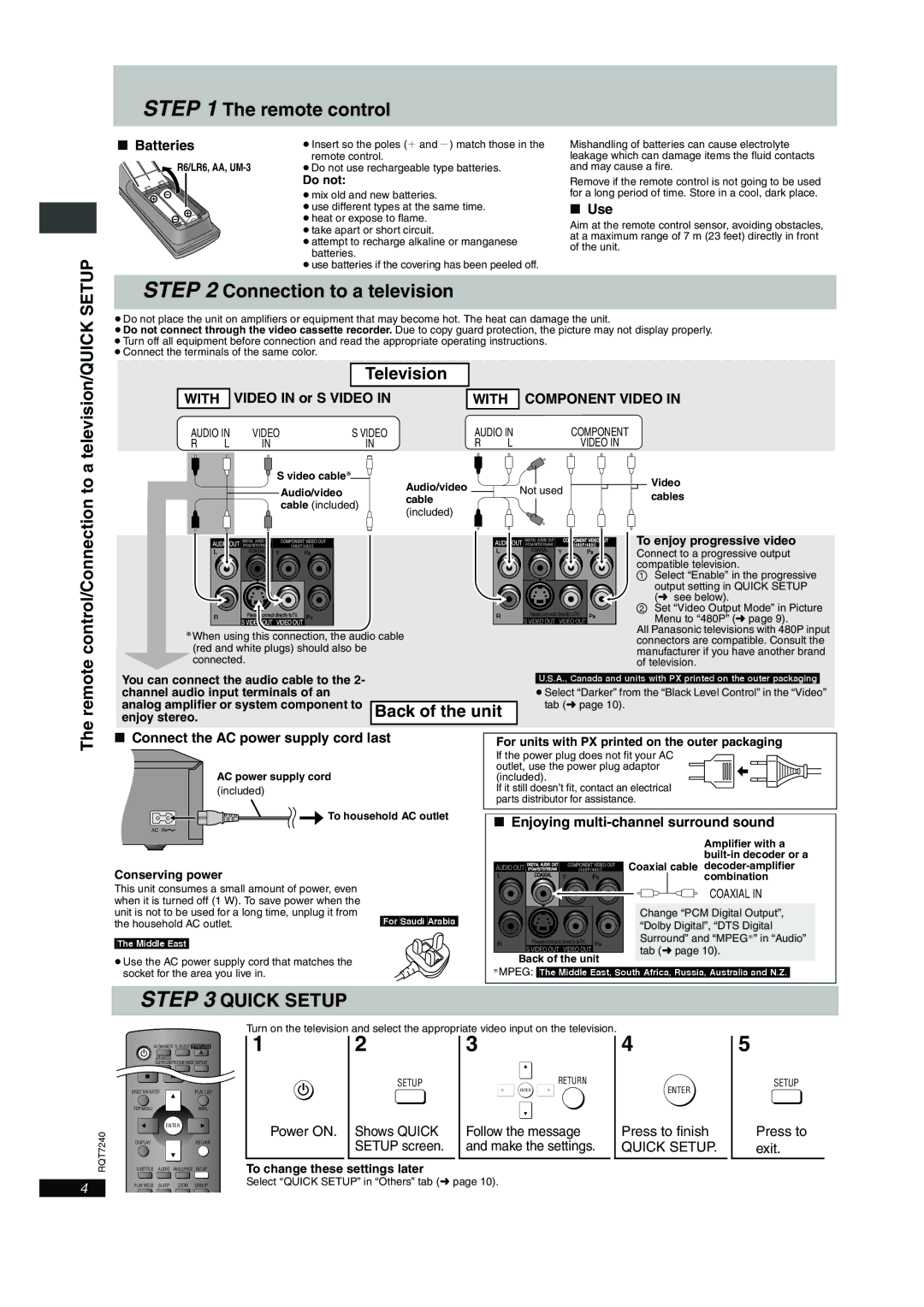 Panasonic DVD-S27U, DVD-S24 operating instructions Remote control, Connection to a television, Television 