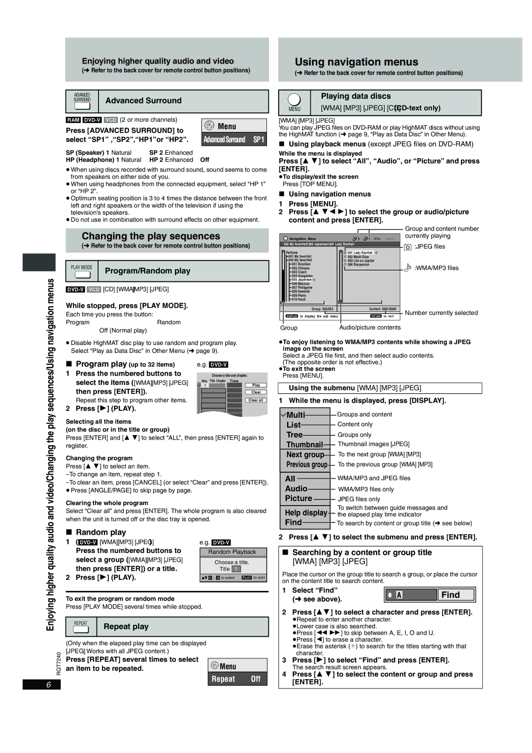 Panasonic DVD-S27U, DVD-S24 operating instructions Using navigation menus, Changing the play sequences, Repeat Off 