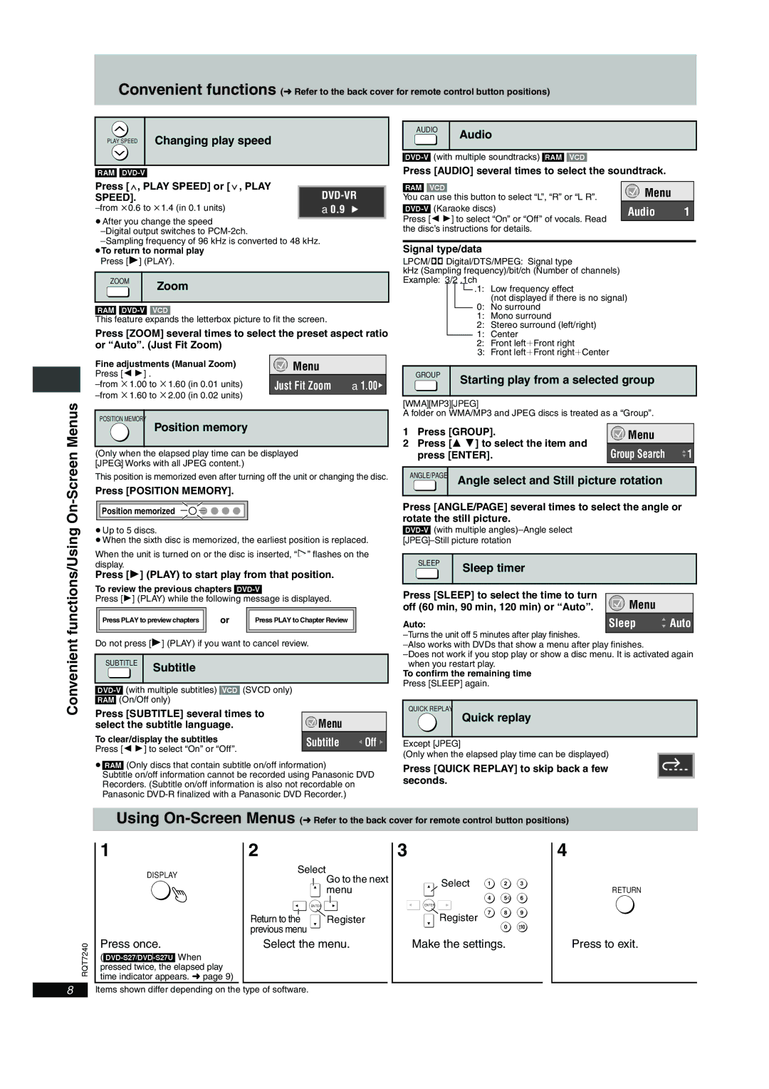 Panasonic DVD-S27U, DVD-S24 operating instructions Screen Menus, Just Fit Zoom A1.00, Audio, Subtitle Off, Sleep 