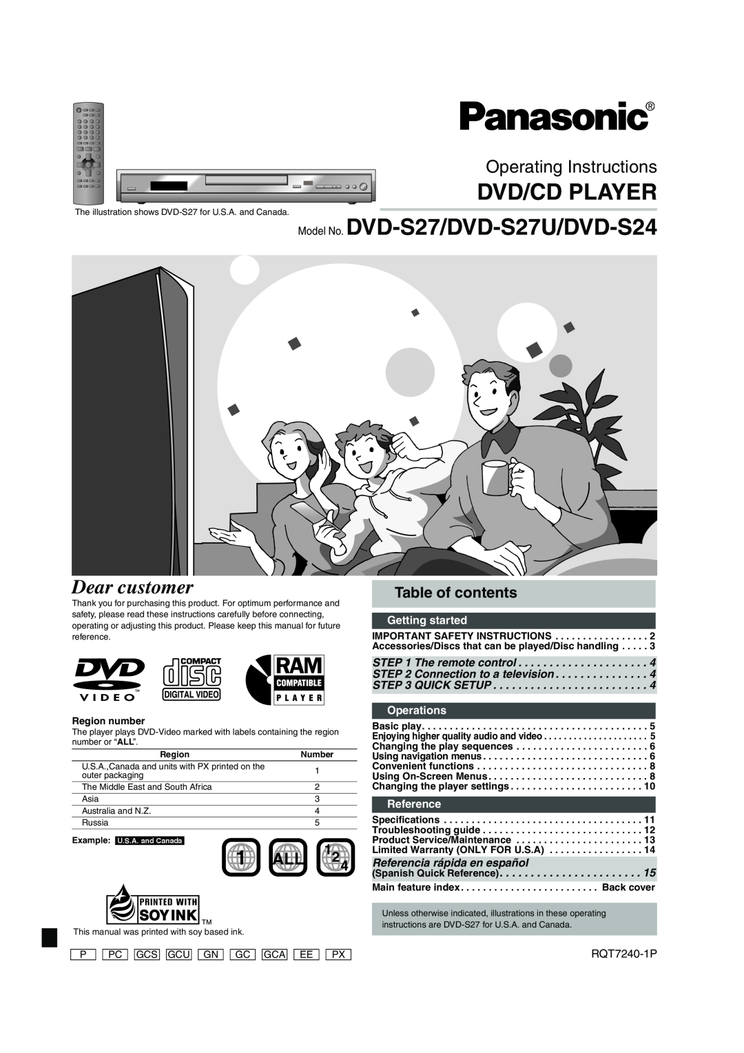 Panasonic DVD-S24 operating instructions Table of contents, Getting started, Operations, Reference, Dvd/Cd Player, 1 ALL 