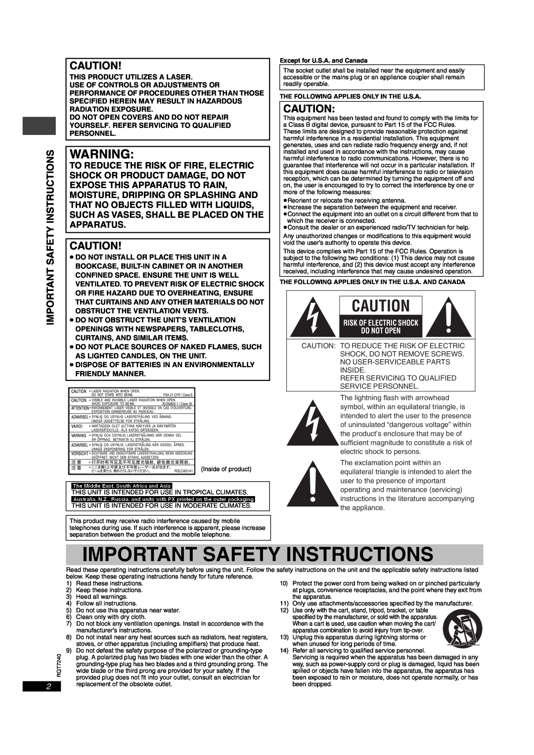 Panasonic DVD-S27U, DVD-S24 operating instructions Important Safety Instructions, Risk Of Electric Shock Do Not Open 