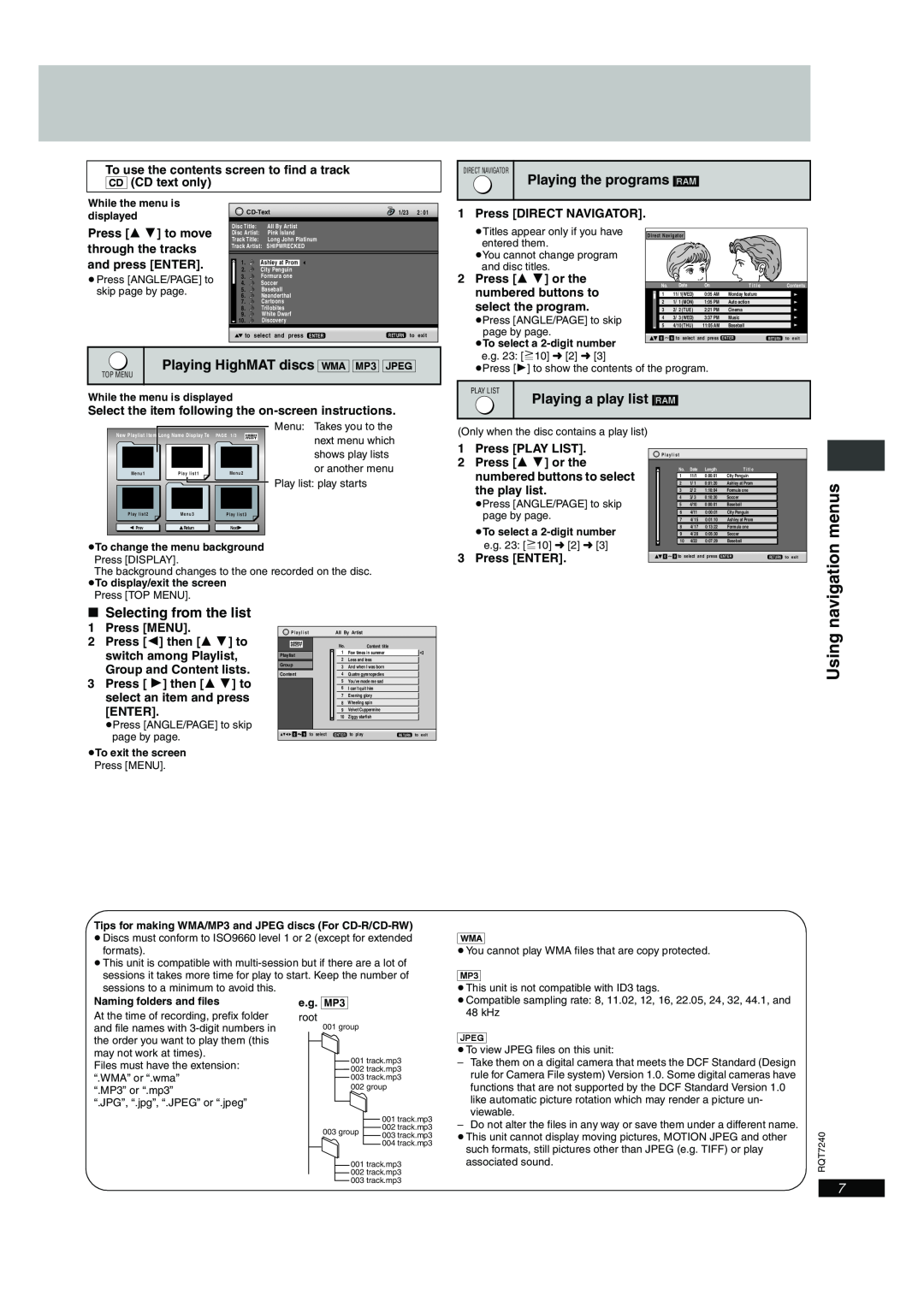 Panasonic DVD-S24 menus, Using, Playing the programs RAM, Playing HighMAT discs WMA MP3 JPEG, Playing a play list RAM 