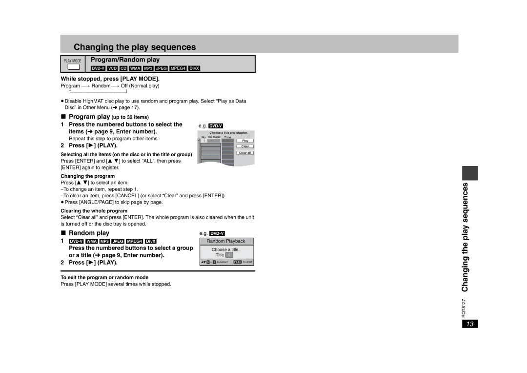 Panasonic DVD-S29 operating instructions Changing the play sequences, Sequences, Play Mode Program/Random play 