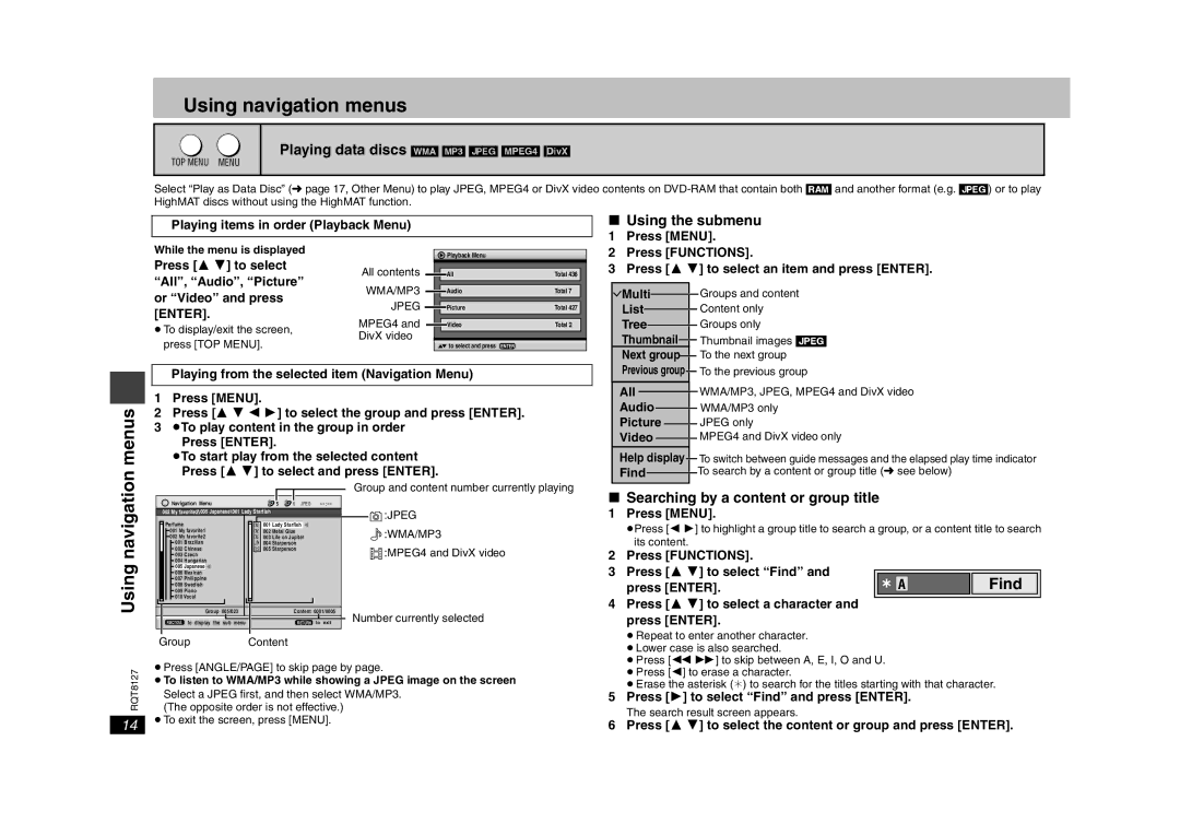 Panasonic DVD-S29 operating instructions Using navigation menus, Menus, Find 