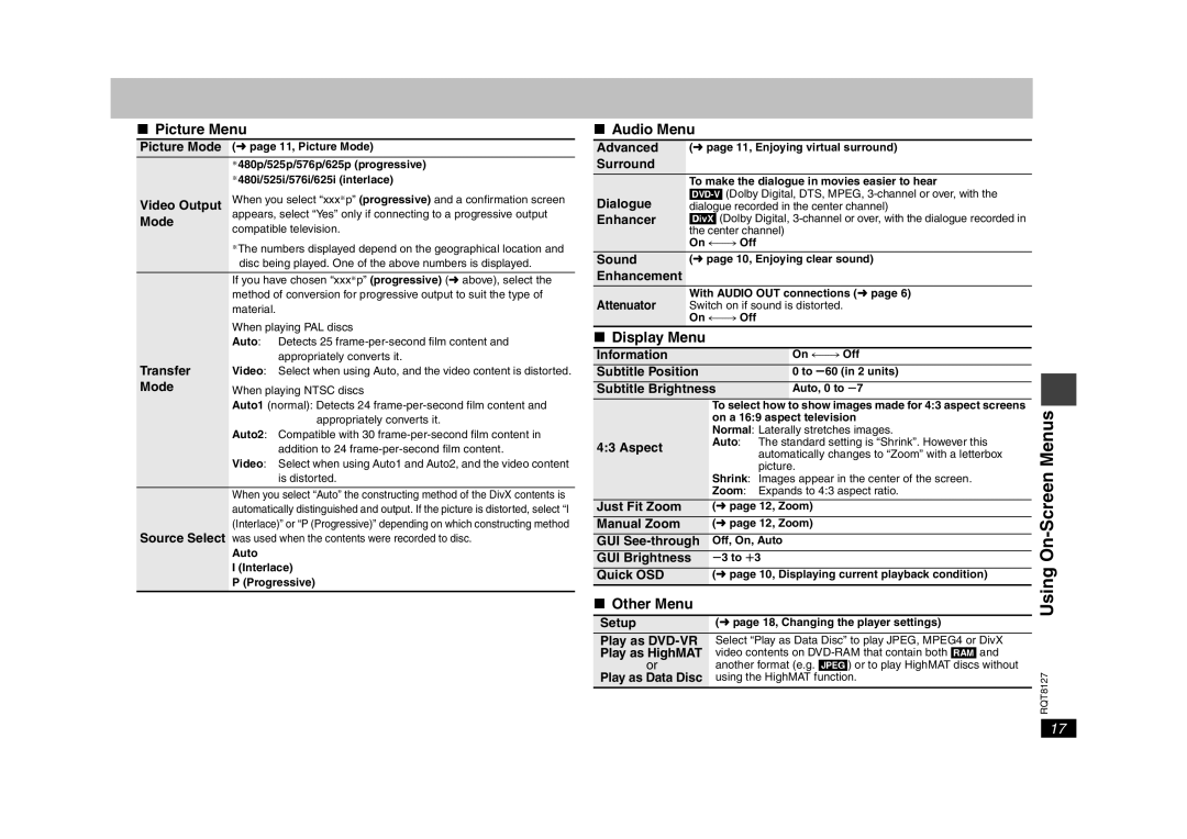 Panasonic DVD-S29 operating instructions RQT8127Using On-Screen Menus, Picture Menu, Audio Menu, Display Menu, Other Menu 