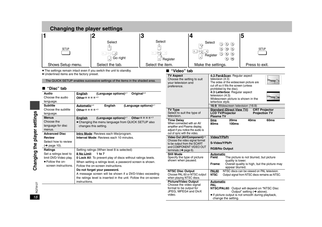 Panasonic DVD-S29 operating instructions Changing the player settings, Disc tab, Video tab, Pal 