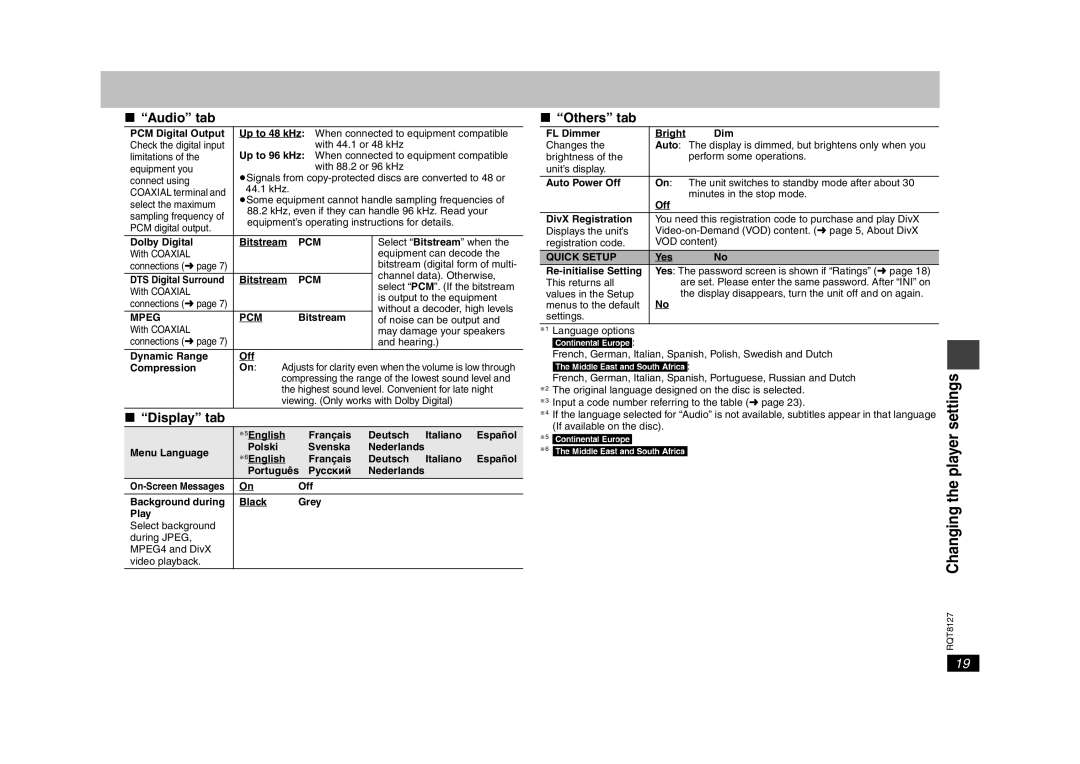 Panasonic DVD-S29 operating instructions Audio tab, Display tab, Others tab 