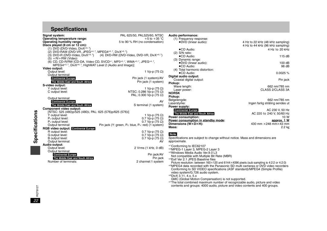 Panasonic DVD-S29 operating instructions Specifications, Norsk 