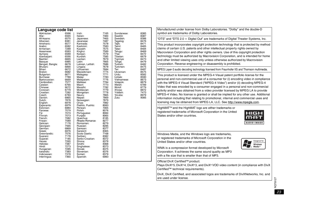 Panasonic DVD-S29 operating instructions Language code list 