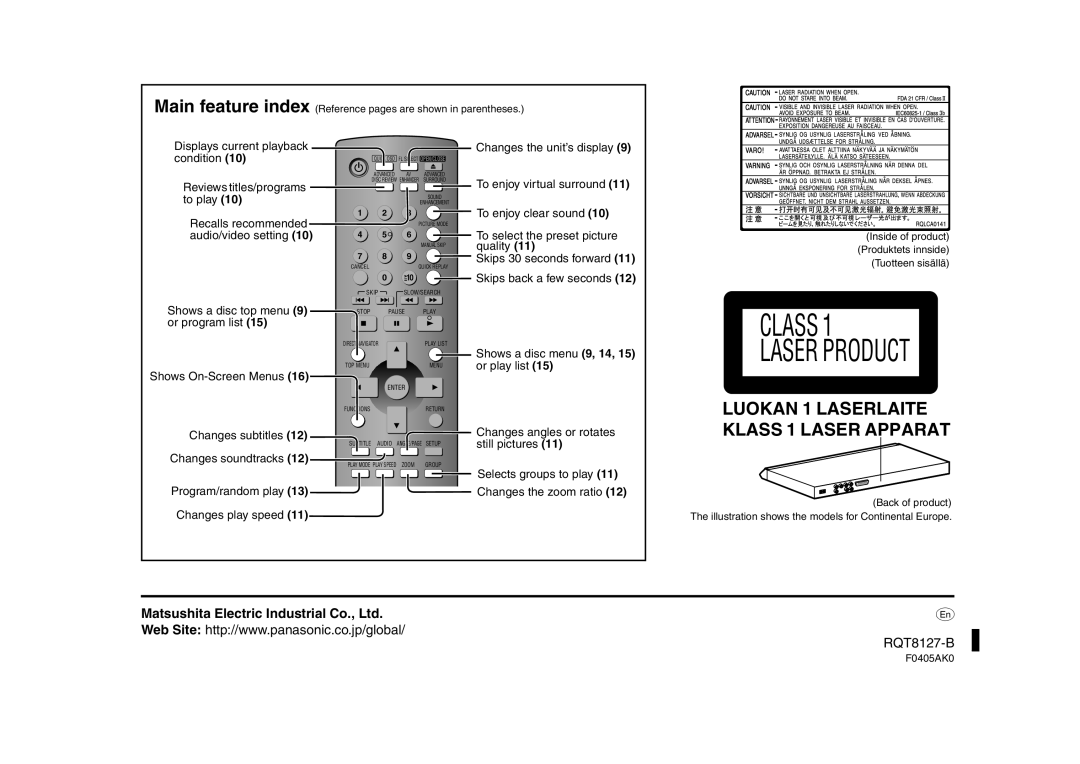 Panasonic DVD-S29 operating instructions RQT8127-B, Main feature index Reference pages are shown in parentheses, F0405AK0 