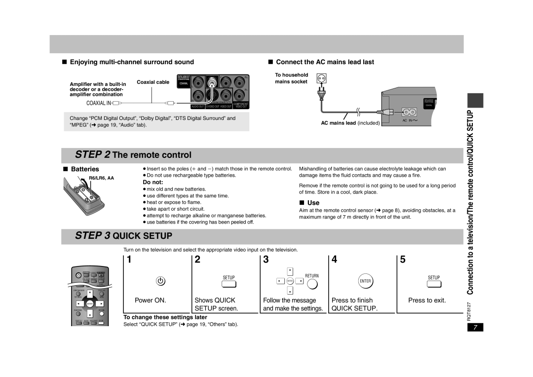 Panasonic DVD-S29 operating instructions Remote control, To a, RQT8127 Connection, Batteries, Use 