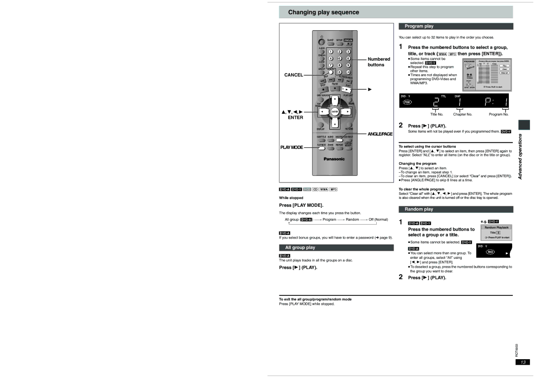 Panasonic DVD-S31 Changing play sequence, Program play, Playmode ANGLE/PAGE, All group play Random play 