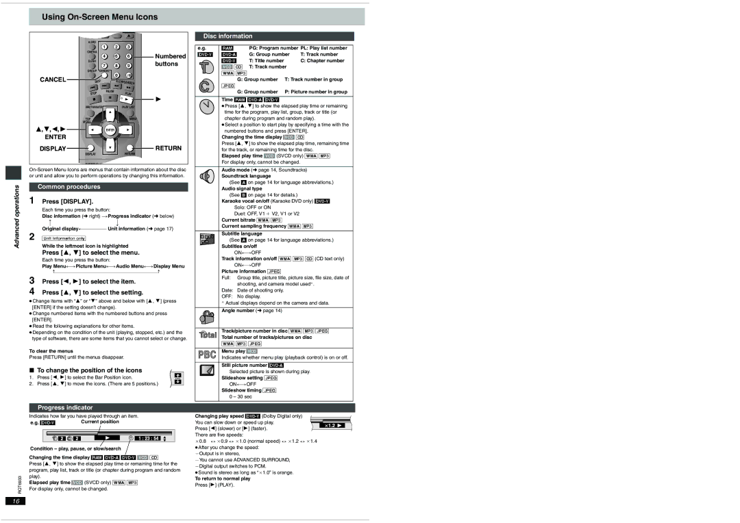 Panasonic DVD-S31 important safety instructions Using On-Screen Menu Icons, Cancel, Enter Display 