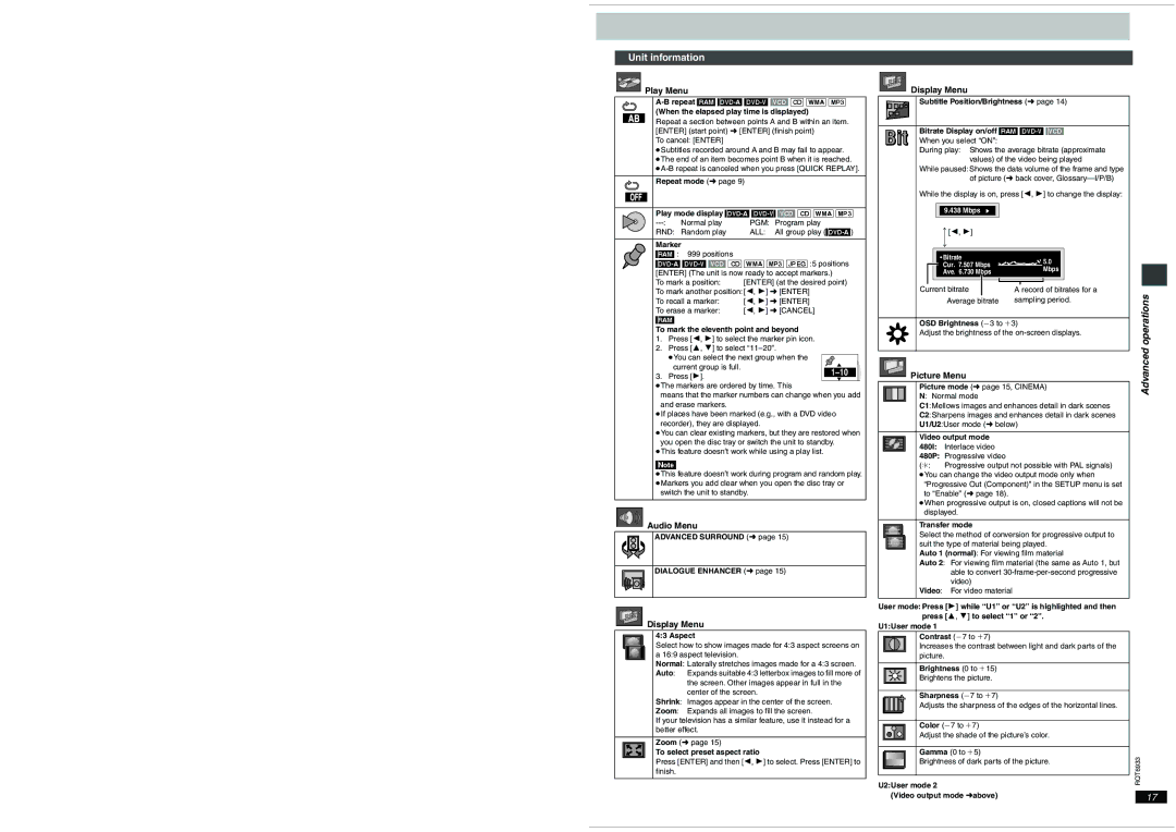 Panasonic DVD-S31 important safety instructions Unit information, Play Menu, Audio Menu, Display Menu, Picture Menu 