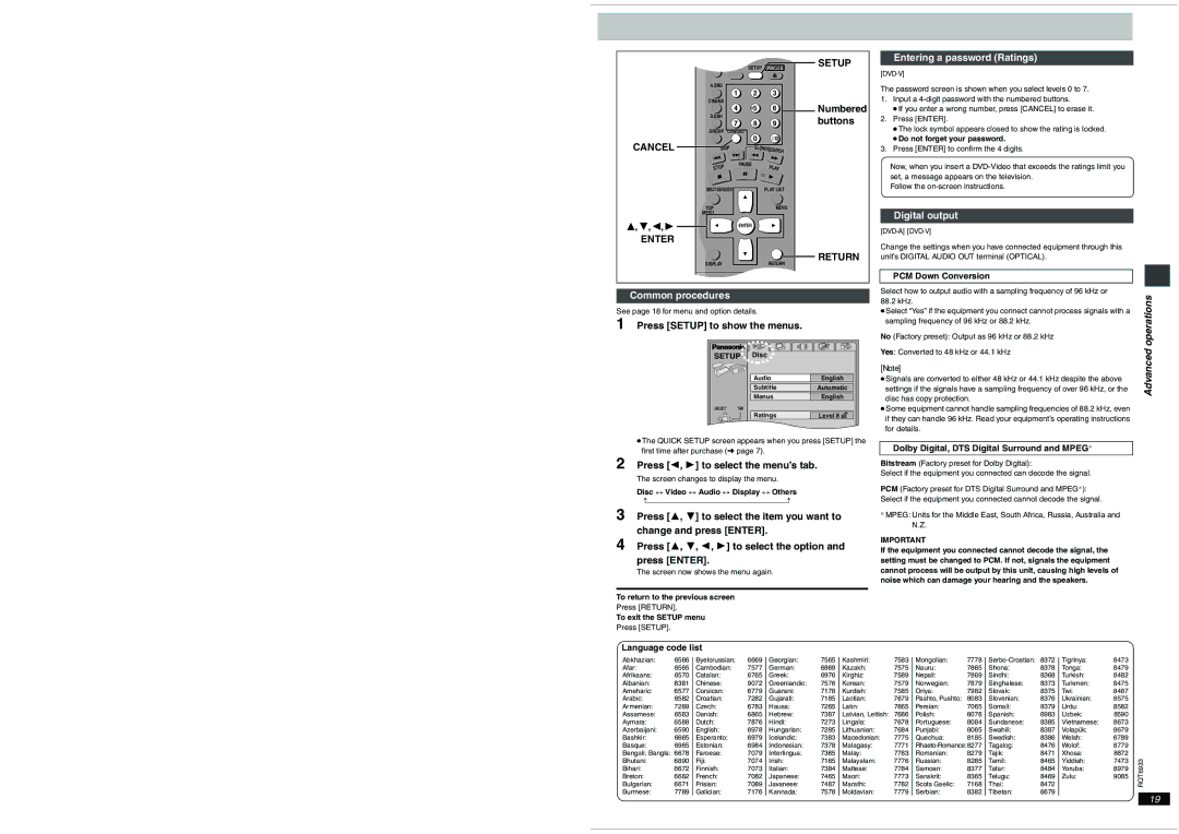 Panasonic DVD-S31 Entering a password Ratings, Digital output, Press Setup to show the menus 